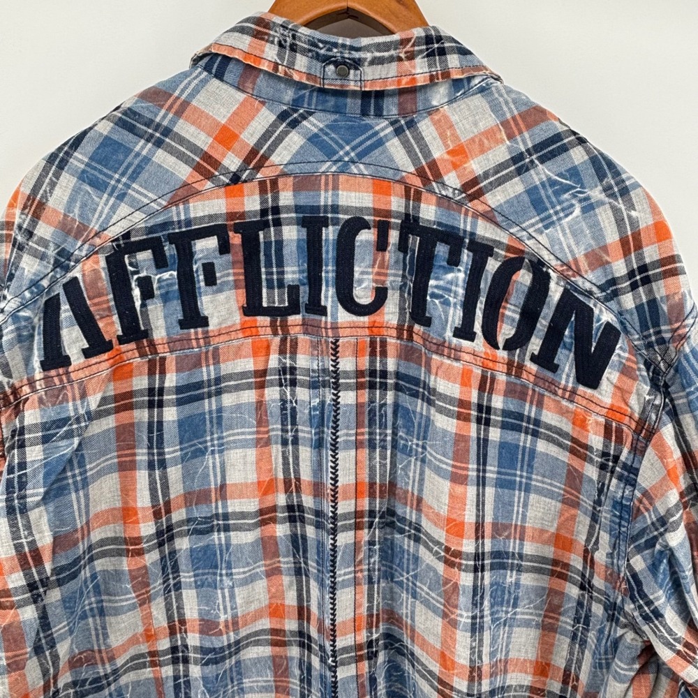 Affliction Black Premium Mens 2XL Plaid Button Down Shirt Distressed Buckle Blue